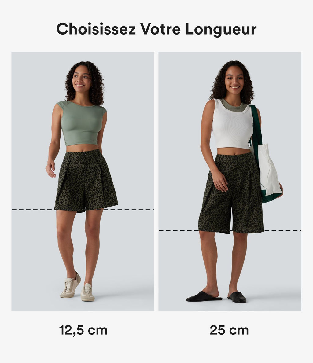 Short ample décontracté à imprimé léopard taille mi-haute, 25 cm, avec poches
