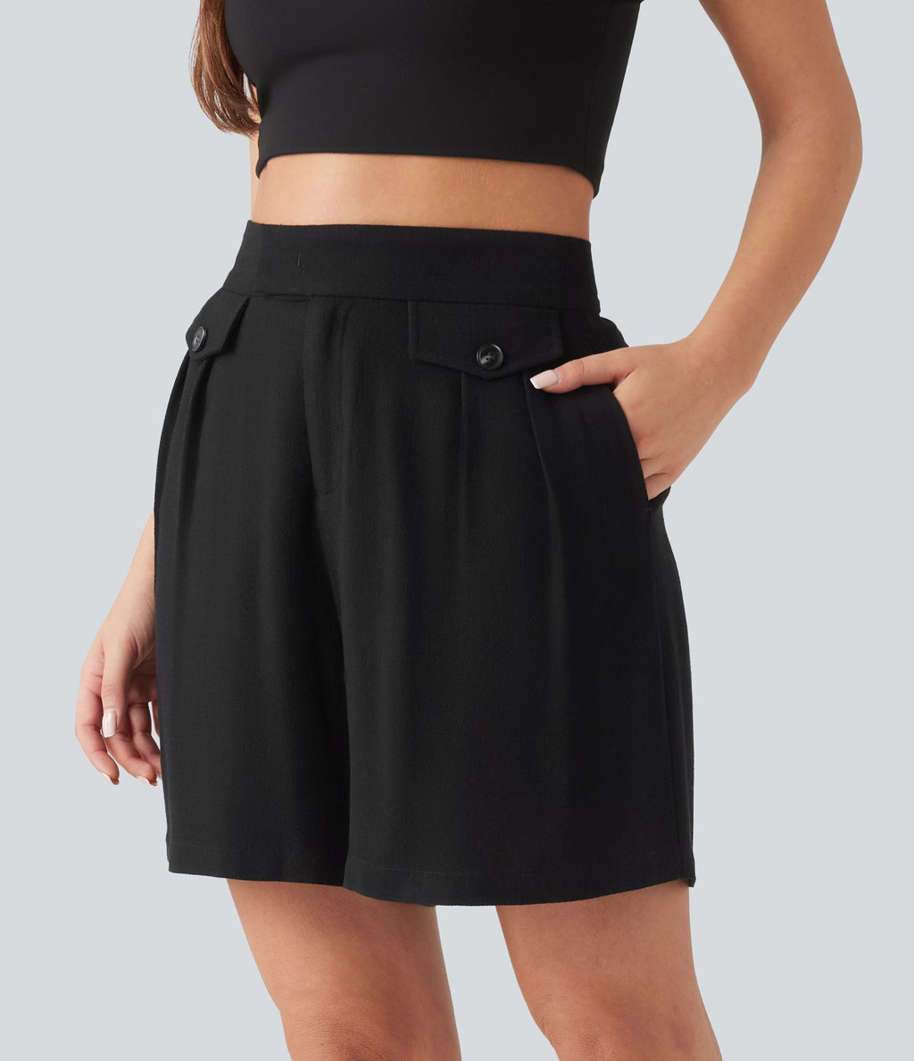 Short casual en mélange de lin taille haute 15 cm avec poches