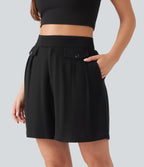 Short casual en mélange de lin taille haute 15 cm avec poches