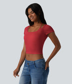 T-shirt crop décontracté côtelé dos nu à nouer avec soutien-gorge intégré manches courtes