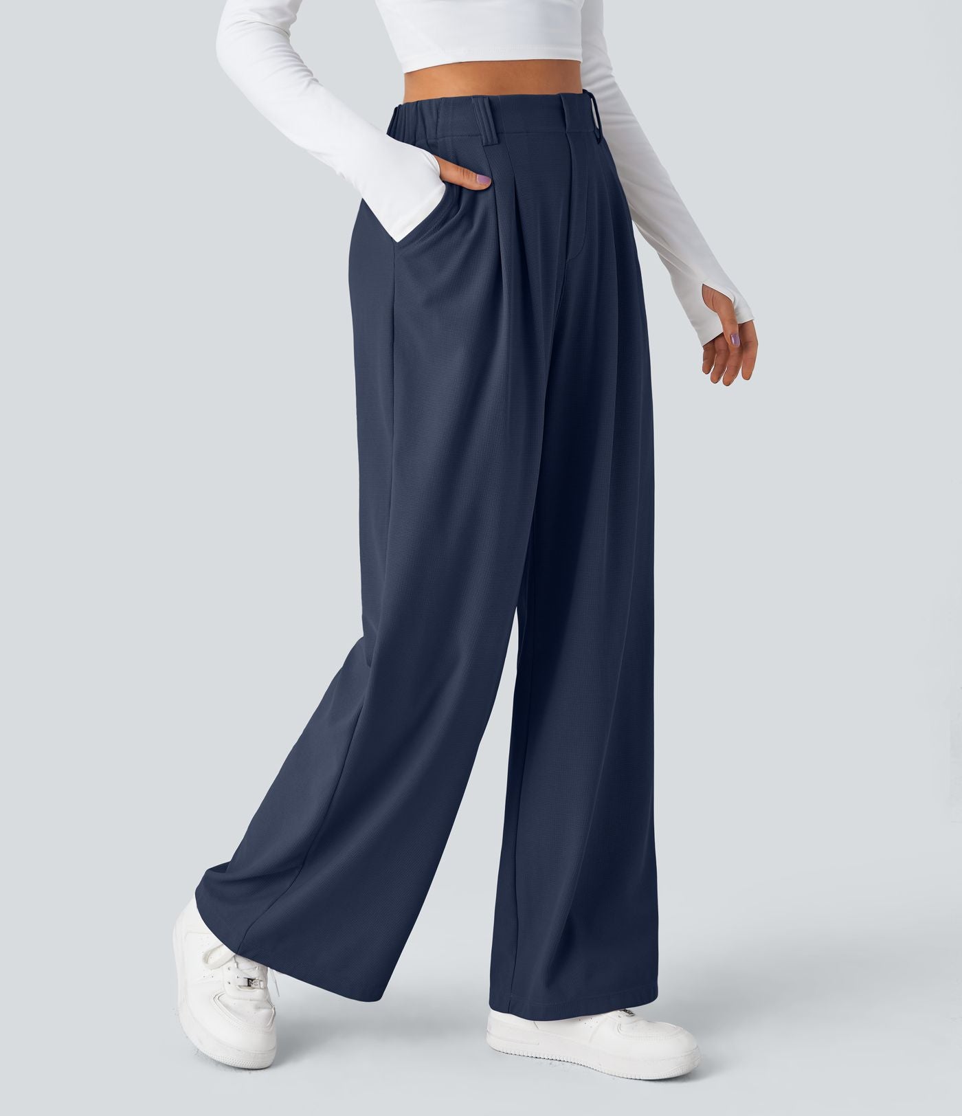 Halara Flex™ Pantalon Tailleur Large Fluide Gaufré Taille Haute Poches Latérales