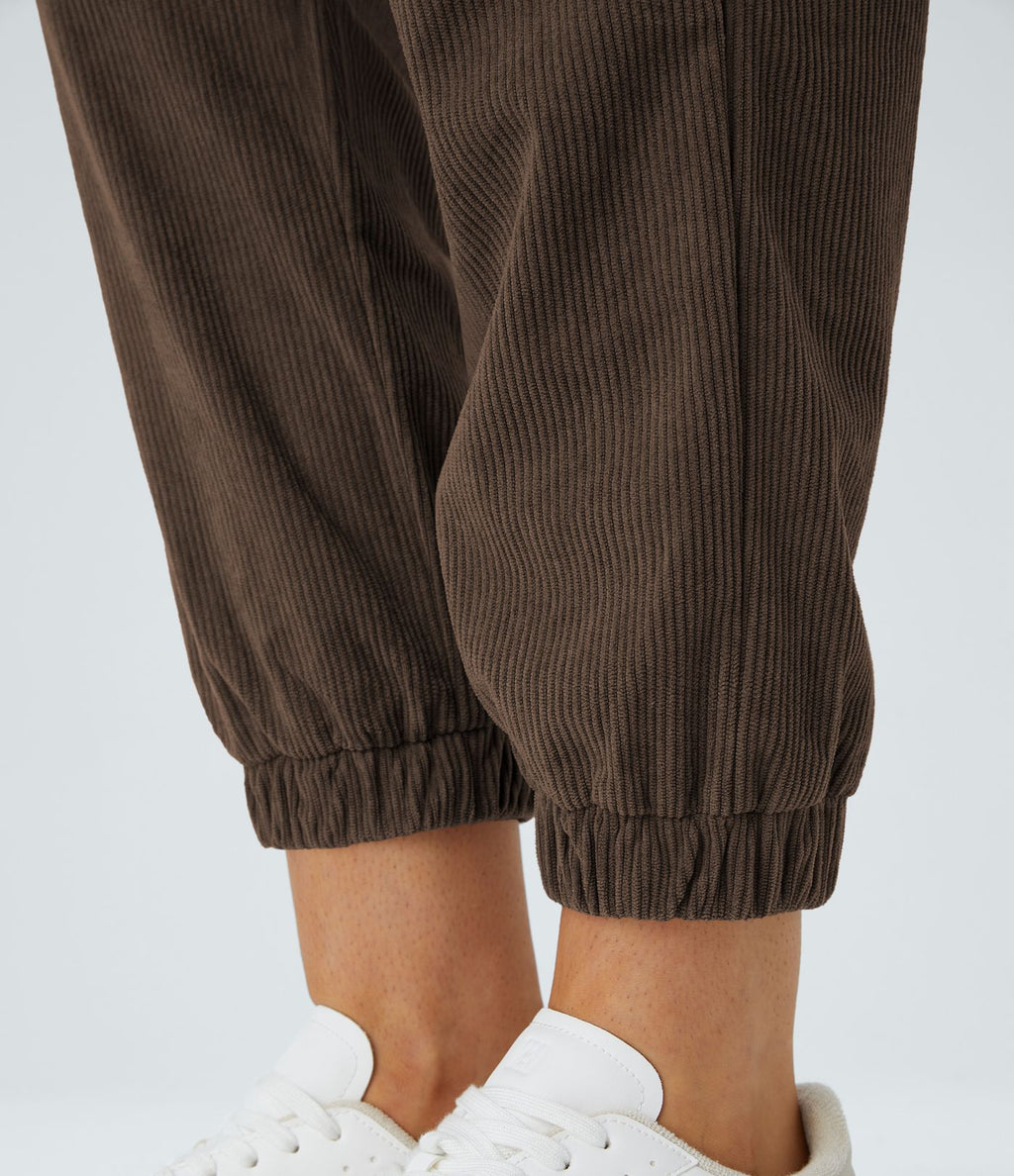 Pantalon décontracté en velours côtelé avec taille mi-haute, boutons et fermeture éclair