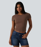 T-shirt casual Halara en jersey de coton col rond à manches courtes froncé avec brassière intégrée