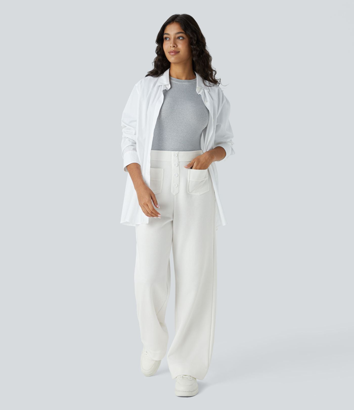 Pantalon Jogging en Fleece Thermique Jambe Droite Boutons Taille Haute Plusieurs Poches