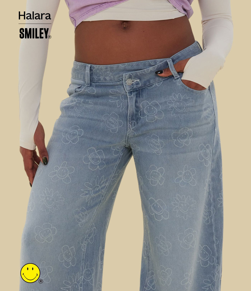Halara X Smiley® Halara Flex™ Jean large décontracté asymétrique taille basse en lyocell délavé avec poches