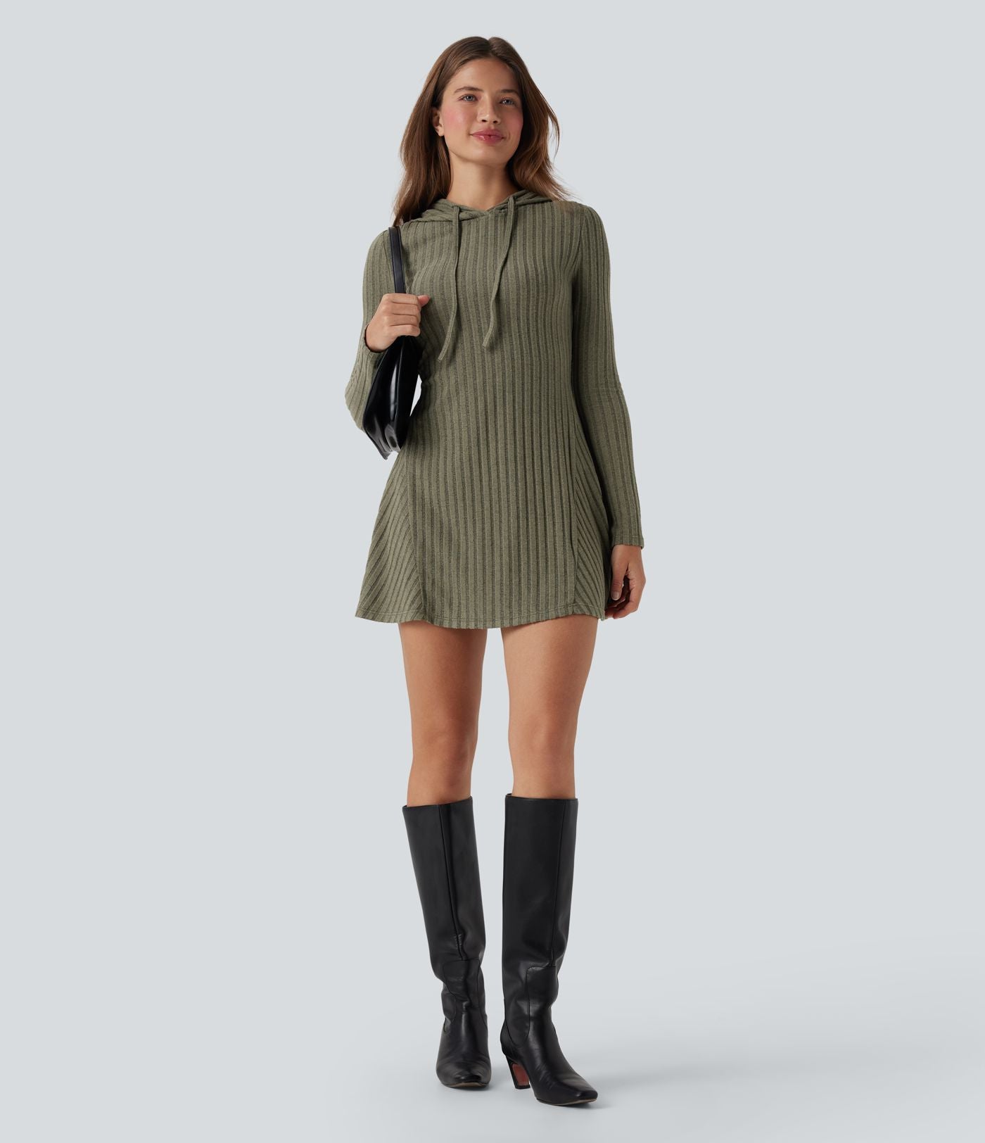 Robe décontractée mini à capuche maille côtelée manches longues avec cordon de serrage