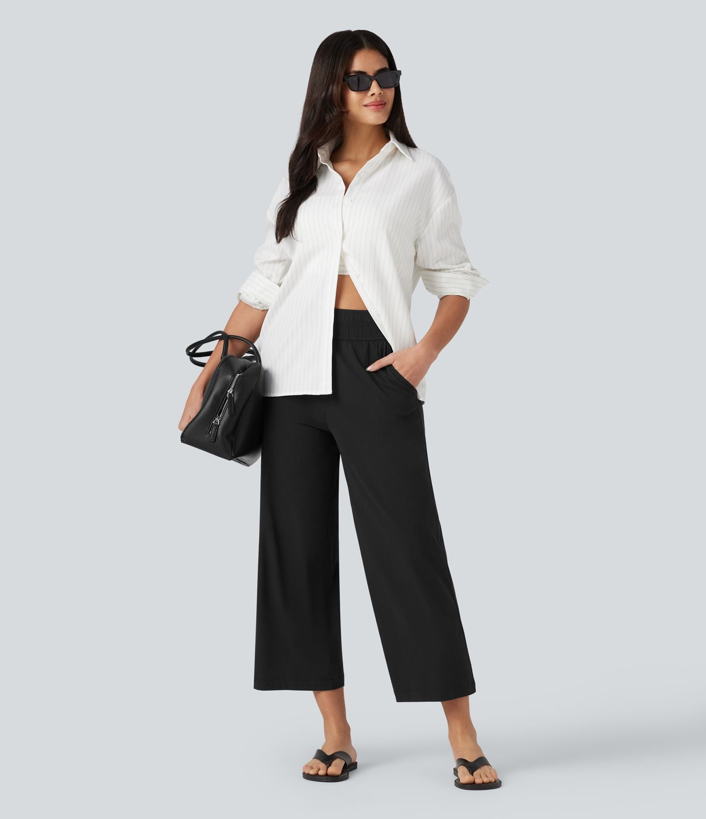 Pantalon large fluide 7/8 taille mi-haute en lin extensible avec poches