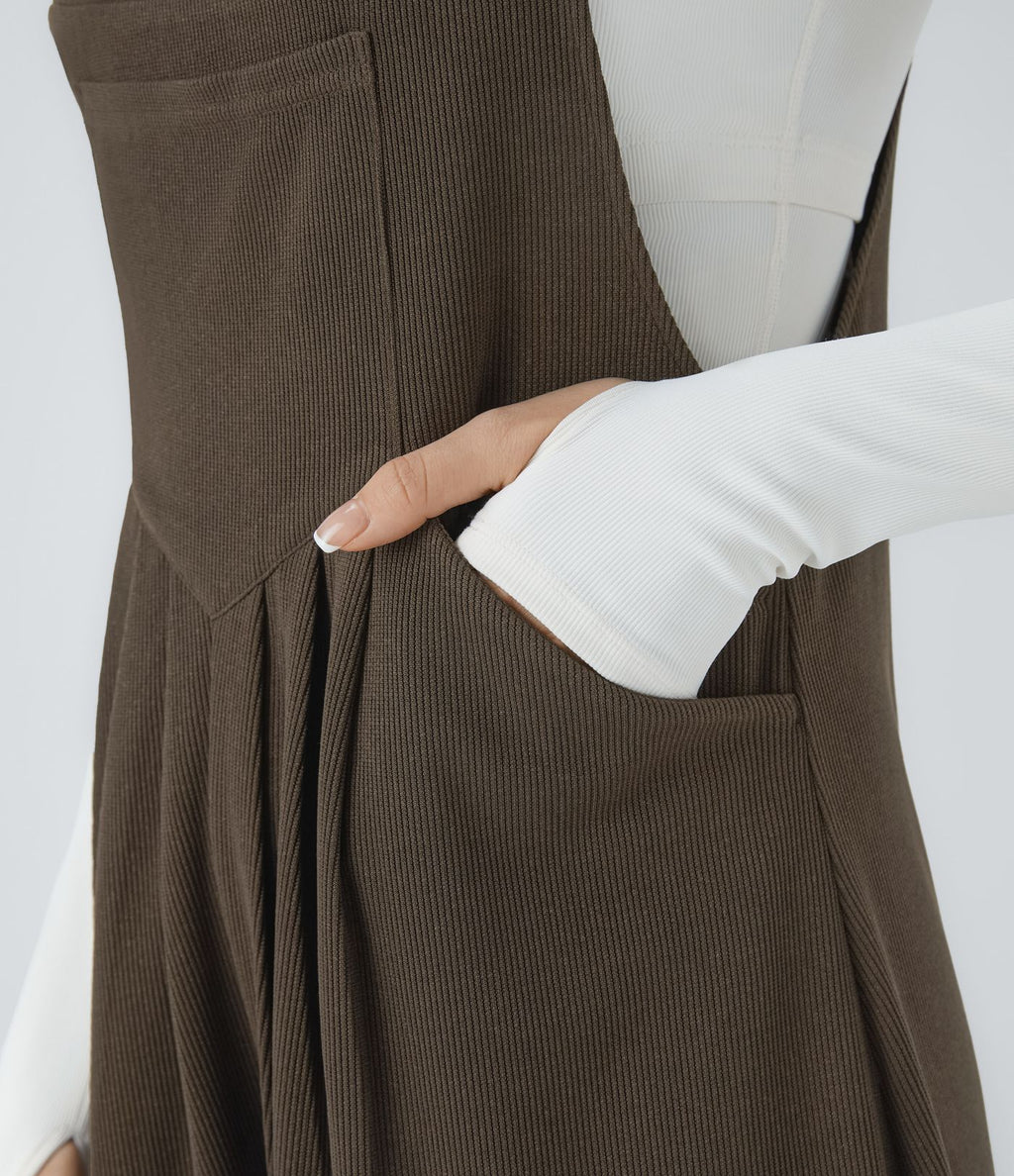Salopette Casual à Bretelles Ajustables en Tricot Côtelé avec Multiples Poches Plissée