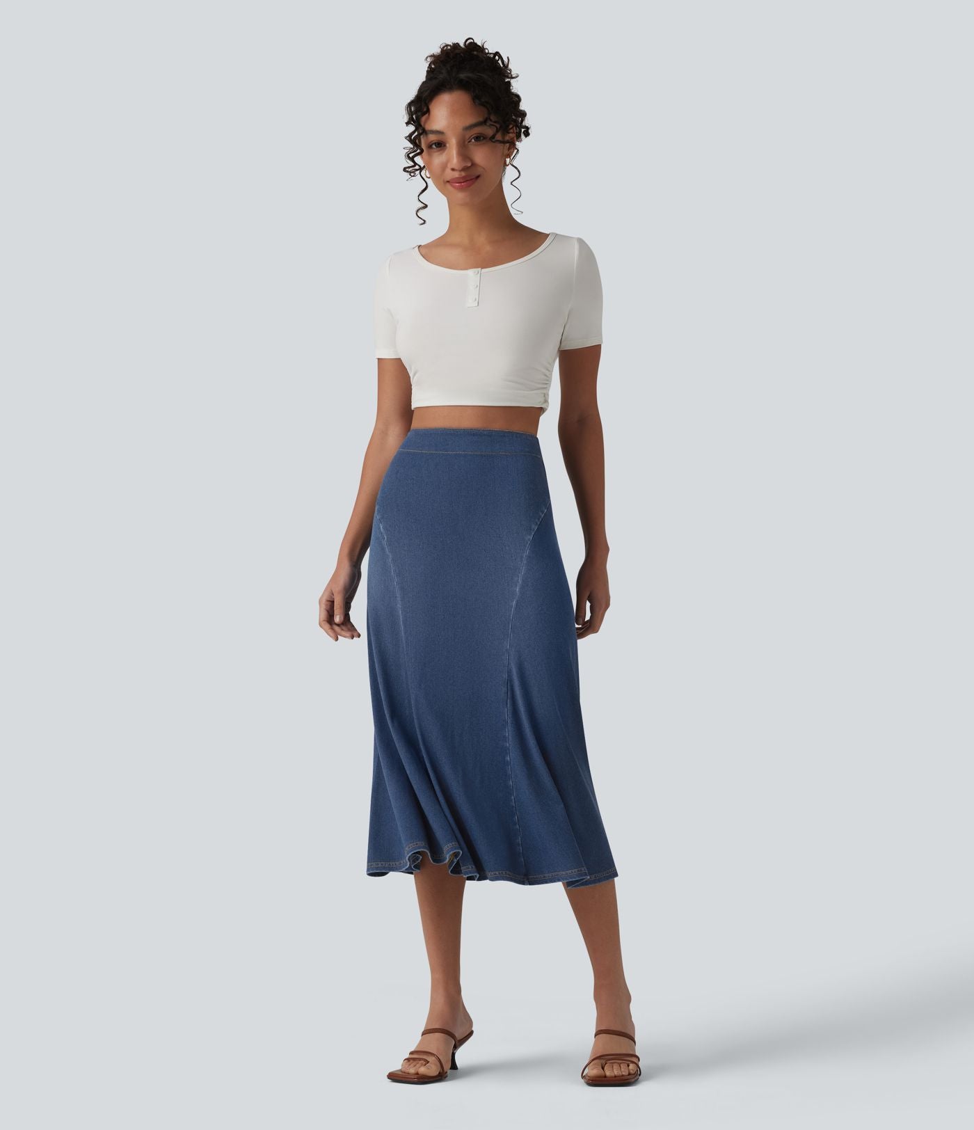 Halara Flex™ Jupe midi sirène drapée en denim lyocell délavé taille haute