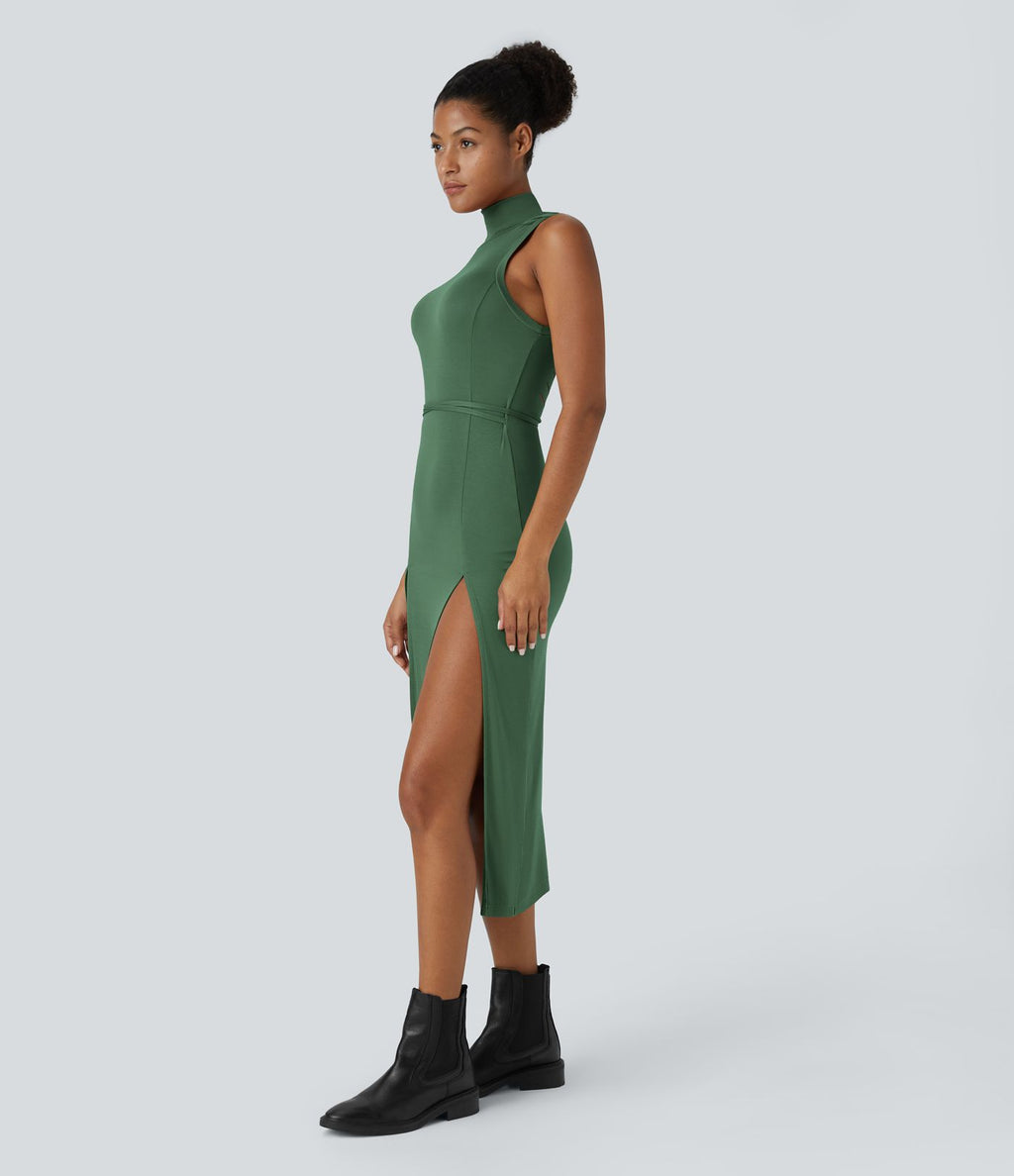 Robe Casual Midi 2 Pièces Capuche Col Montant Sans Manches Fendue avec Découpe Dos Nœud Côtelée