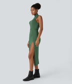 Robe Casual Midi 2 Pièces Capuche Col Montant Sans Manches Fendue avec Découpe Dos Nœud Côtelée