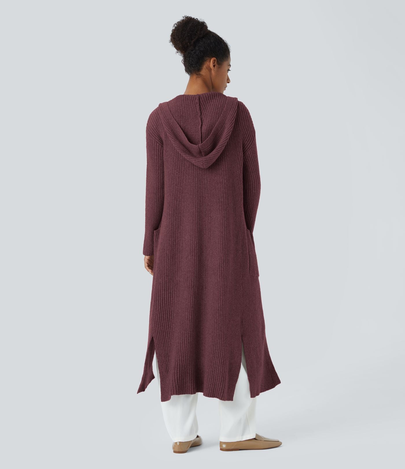 Cardigan long casual à capuche, manches longues et poches