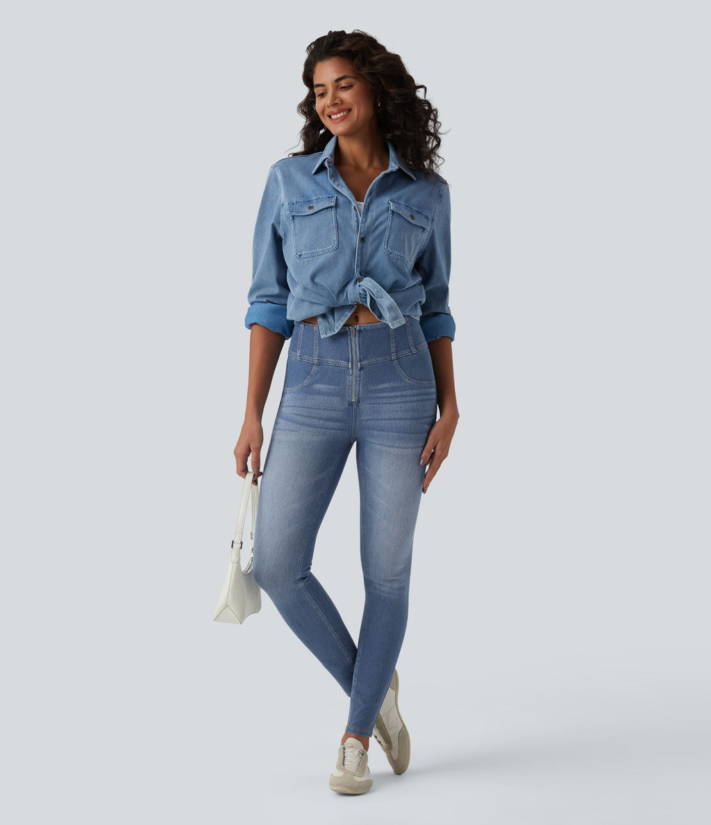 Jean Halara Flex™ skinny décontracté taille mi-haute zippé, effet ventre plat, avec poches