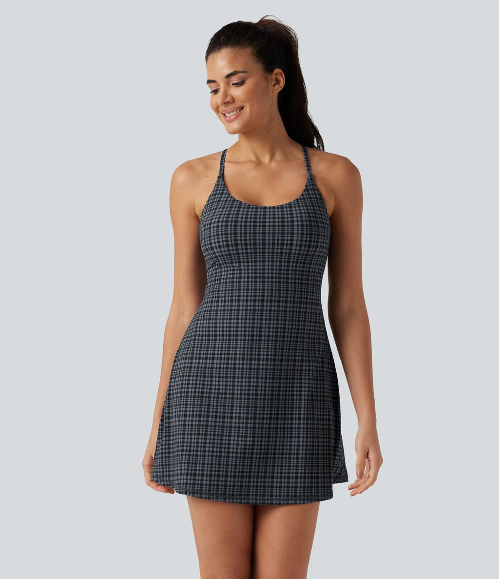 Robe sport de danse mini 2-en-1 avec brassière intégrée UltraSculpt™ à imprimé à carreaux avec poches - Édition Easy Peasy