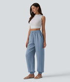 Jogging casual large ample taille haute aspect lin à cordon de serrage avec poches