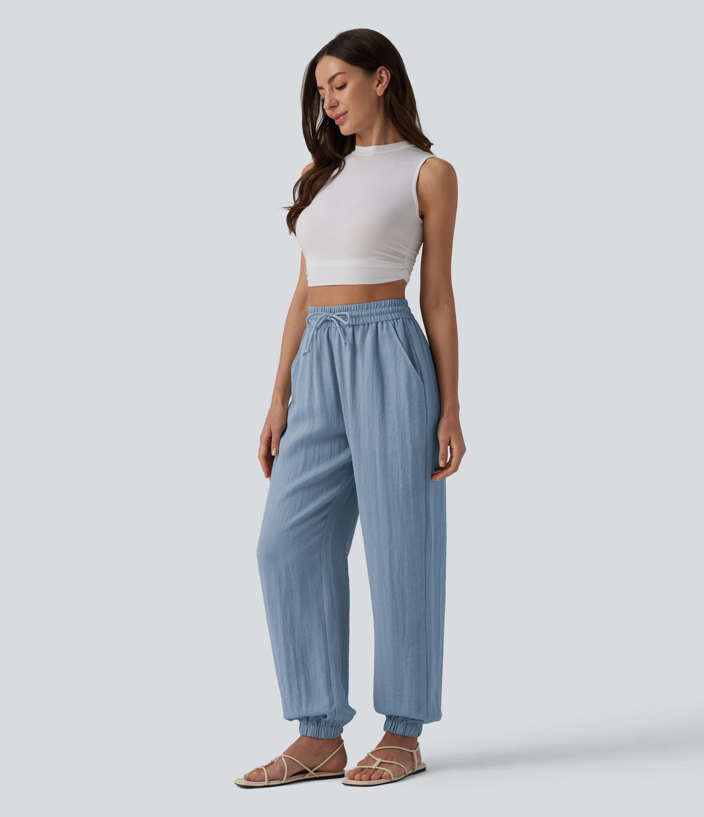 Jogging casual large ample taille haute aspect lin à cordon de serrage avec poches