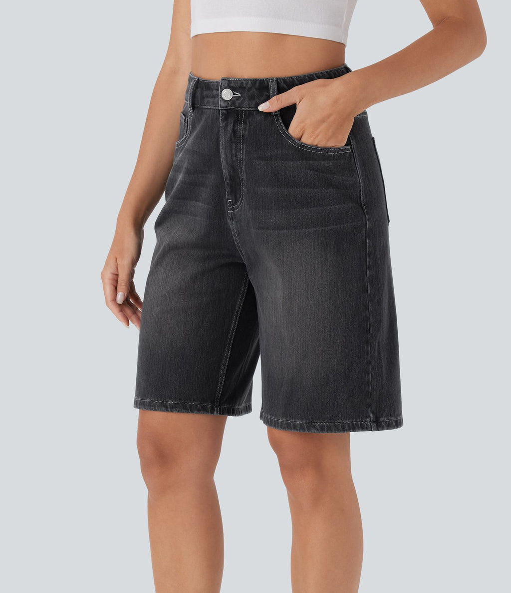 Bermuda en jean délavé Halara Flex™ taille haute à poches multiples