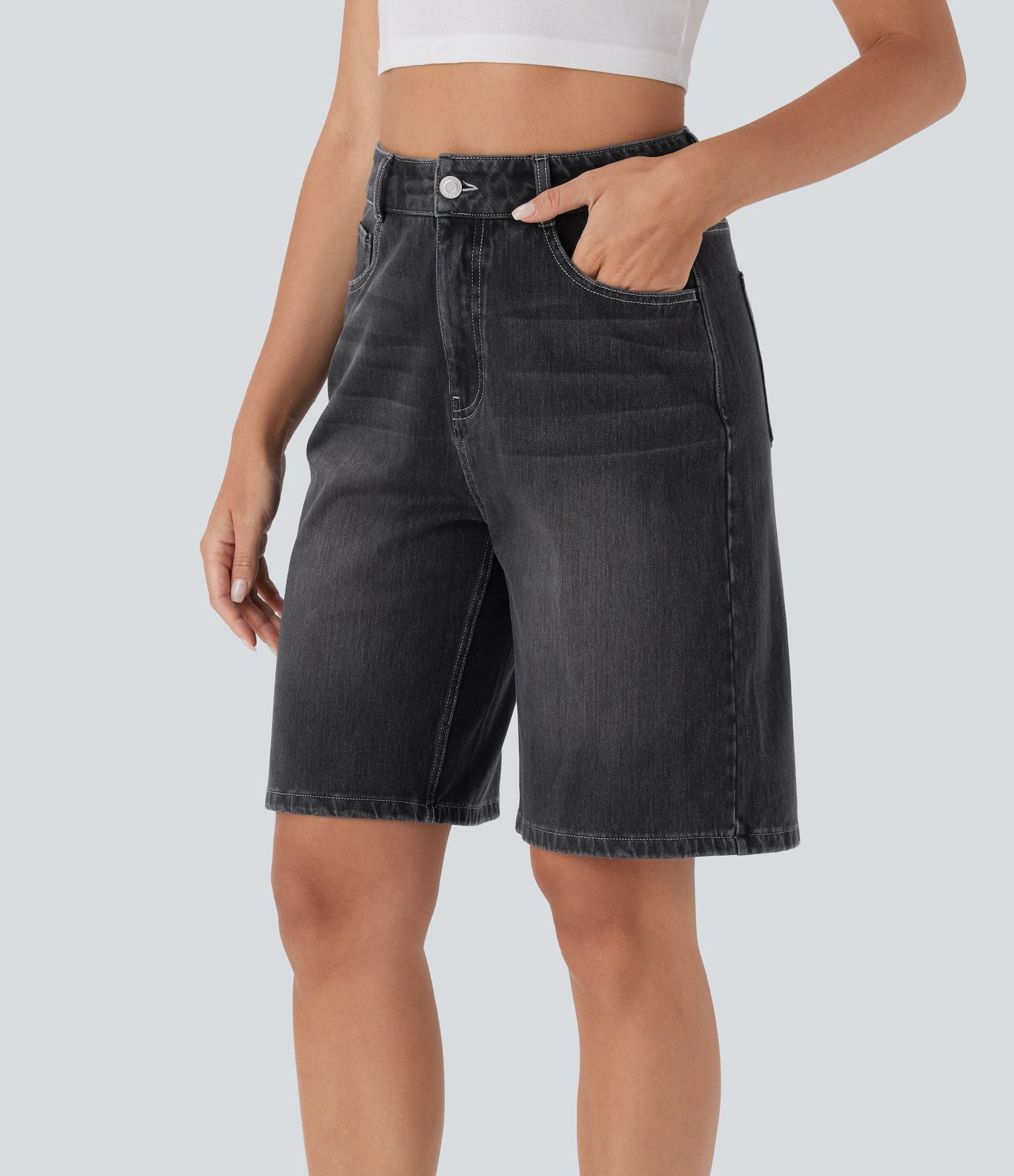 Bermuda en jean délavé Halara Flex™ taille haute à poches multiples