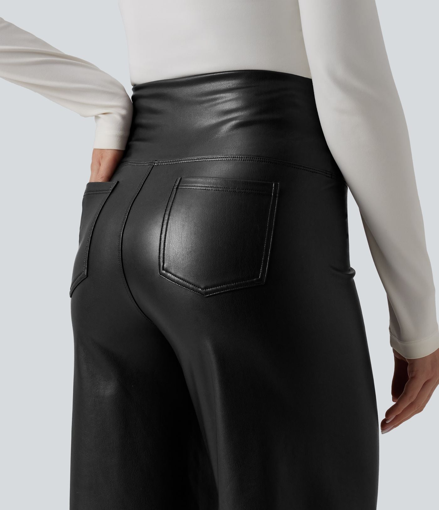 Pantalon large décontracté gainant taille haute extensible en molleton PU avec poches