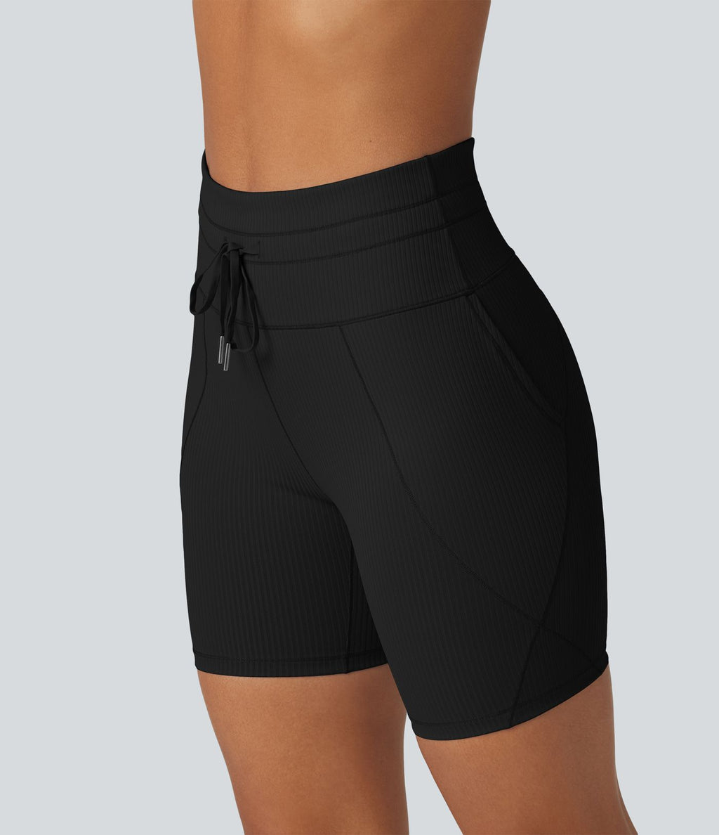 Short cycliste de yoga en maille côtelée taille haute avec cordon de serrage séchage rapide 15 cm avec poches - UPF50+