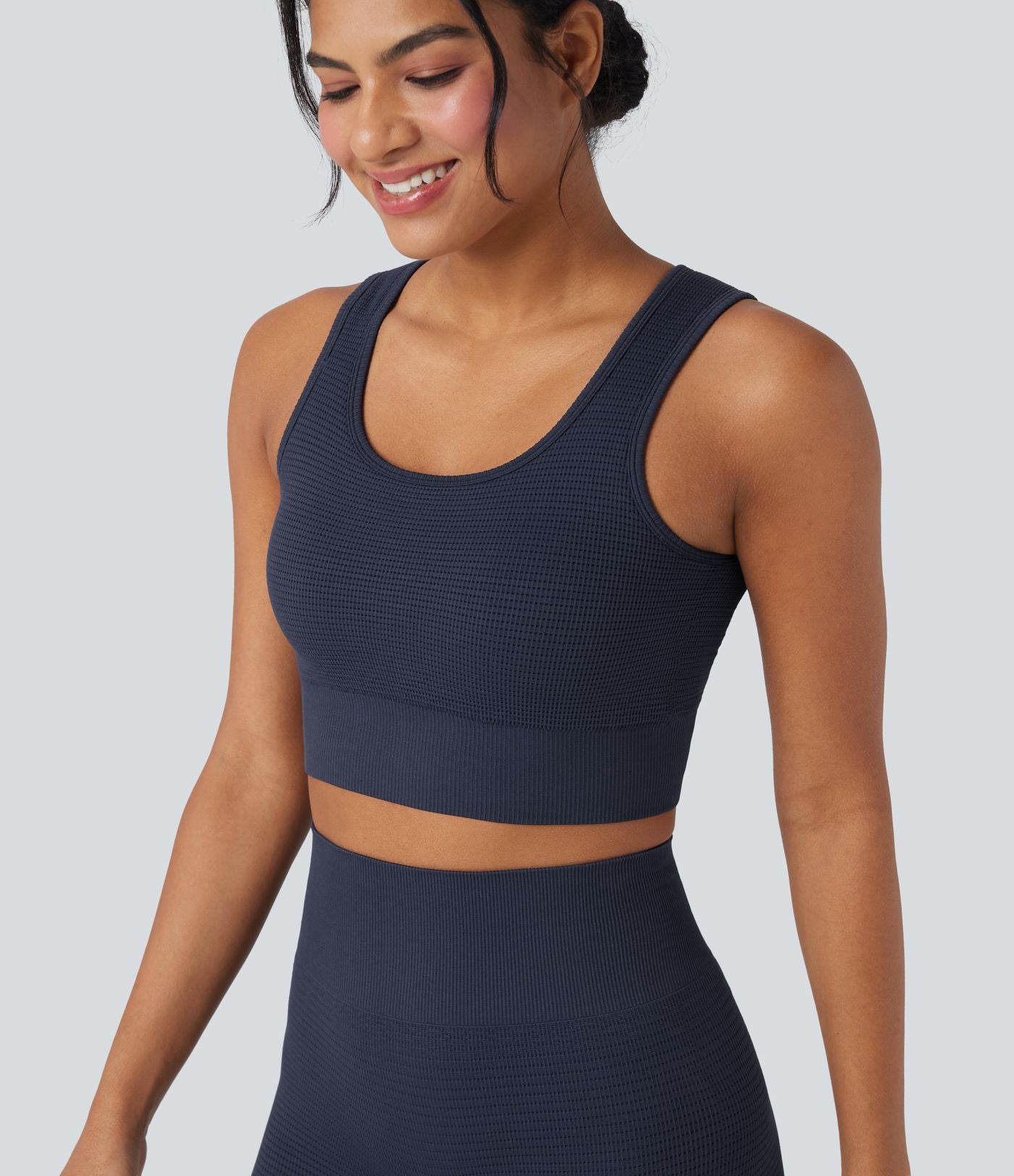 Brassière de sport yoga courte maintien léger col U en maille gaufrée sans couture OneForm Seamless Flow