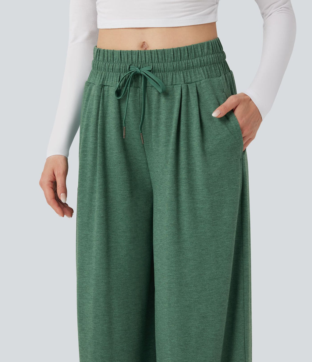 Pantalon large décontracté chiné taille mi-haute avec cordon et poches