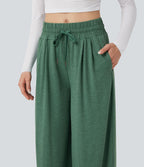 Pantalon large décontracté chiné taille mi-haute avec cordon et poches