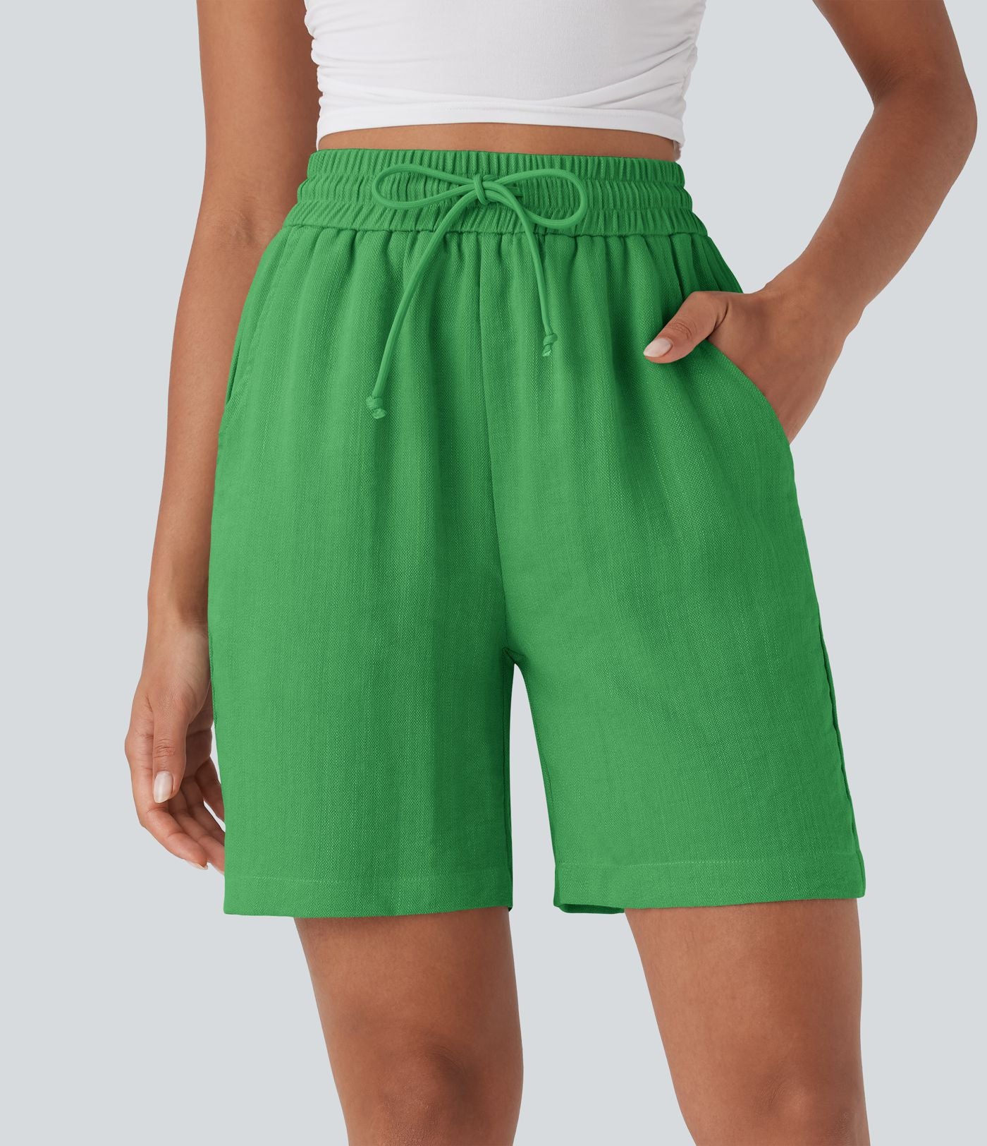 Short décontracté effet lin taille haute avec cordon de serrage et poches latérales