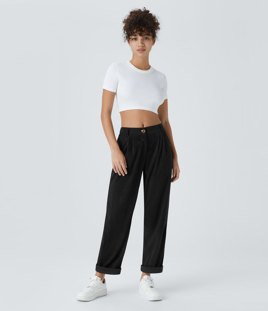Pantalon en velours côtelé décontracté taille moyenne avec poches latérales