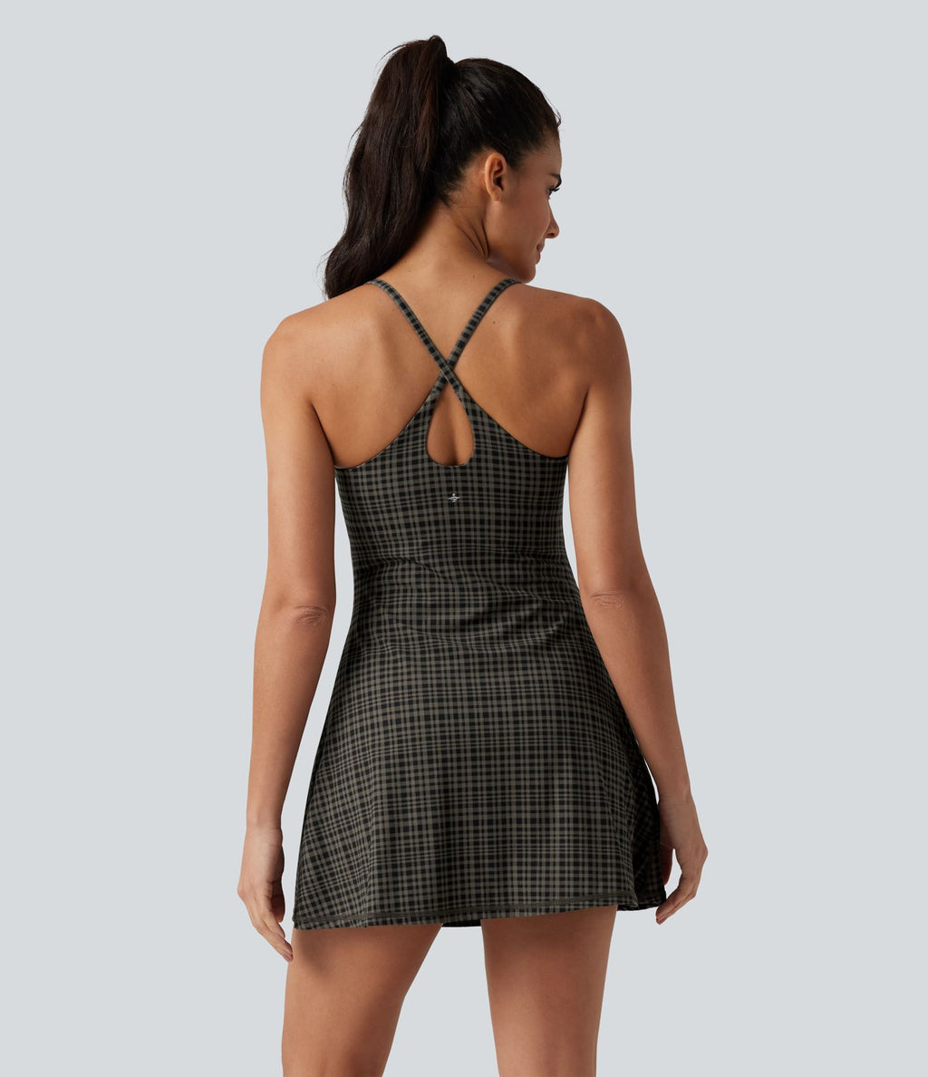Robe sport de danse mini 2-en-1 avec brassière intégrée UltraSculpt™ à imprimé à carreaux avec poches - Édition Easy Peasy