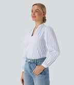 Blouse décontractée col V asymétrique imprimé rayé