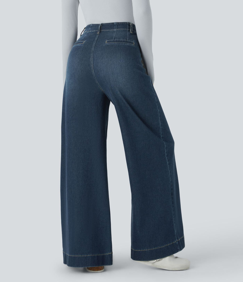 Halara Flex™ Jean large Palazzo et Taille Haute avec Poches Avant en Tricot Extensible Lavé