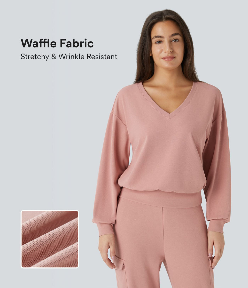 Sweatshirt Casual en Tissu Gaufré à Col en V et Manches Longues Épaules Tombantes