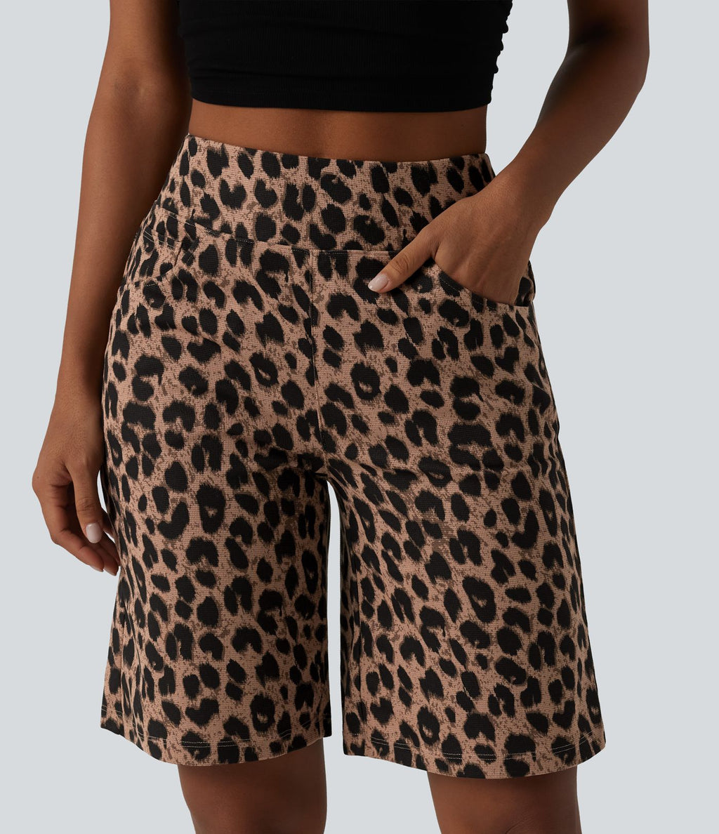 Short ample taille haute en tissu gaufré imprimé léopard 25 cm avec poches