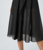 Jupe Casual Évasée Mesh Mi-Longue Fuide 2 en 1 Contrastée Taille Haute Cordon Poche Latérale