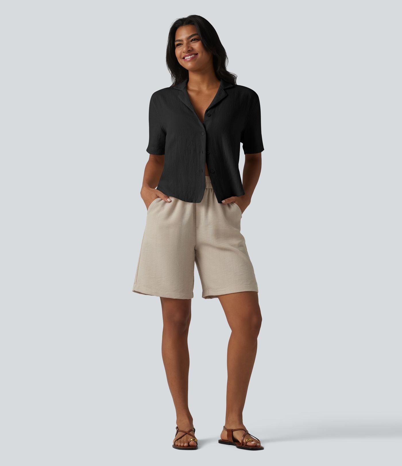 Chemise décontractée col cranté manches courtes en mélange lyocell et lin
