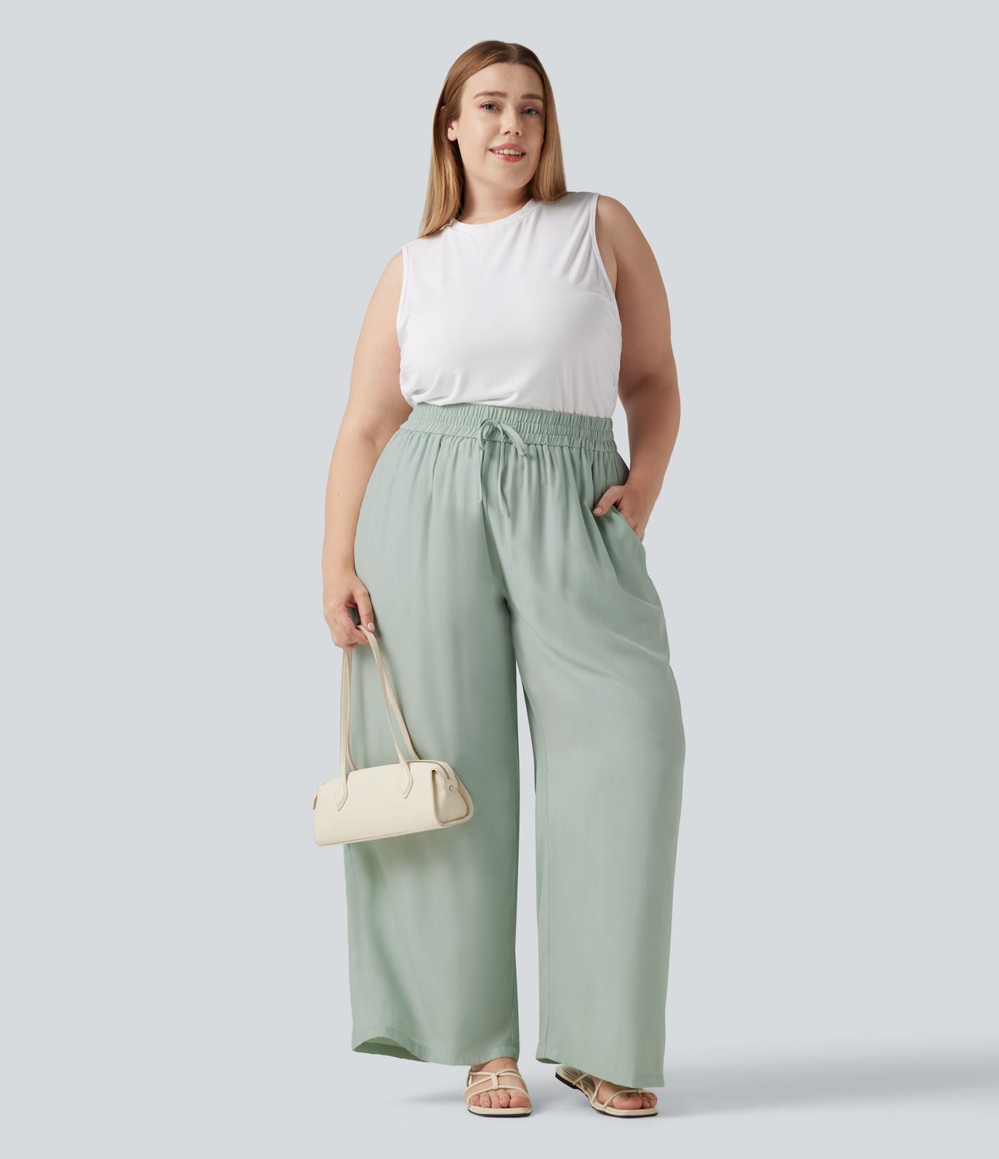 Pantalon large grande taille taille haute avec cordon de serrage et poches