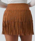Jupe mini de soirée ajustée effet daim taille haute croisée 2-en-1 à franges