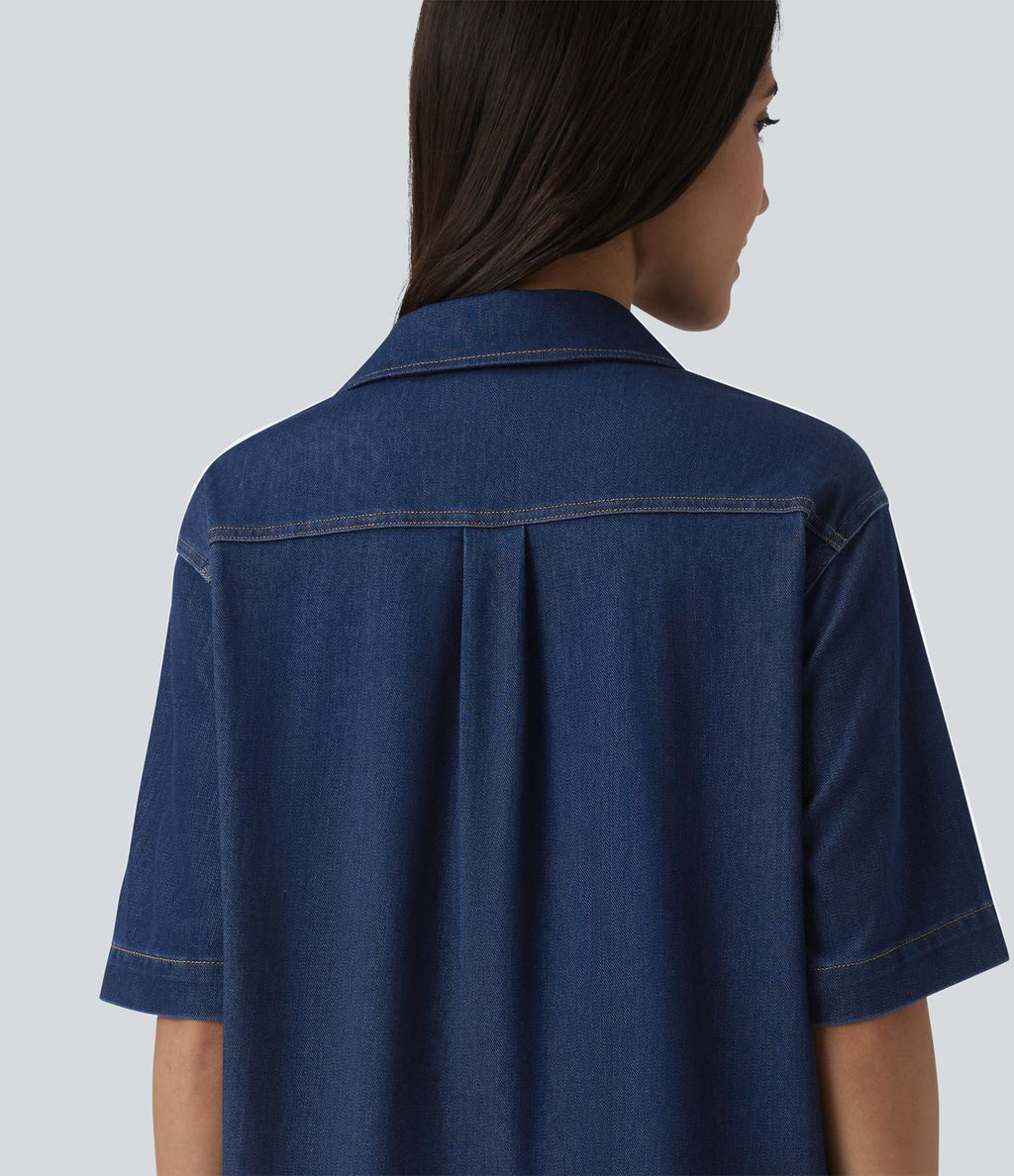 Halara Flex™ Robe courte en denim col classique manches courtes avec poches