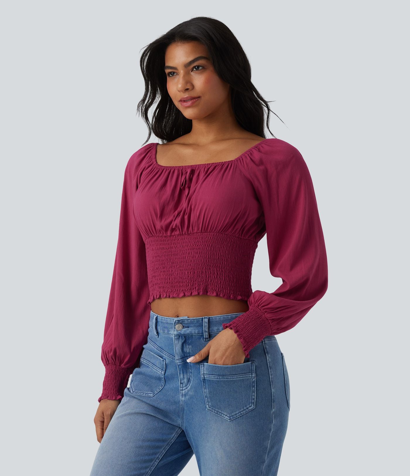 Blouse casual froncée à col carré et manches bouffantes
