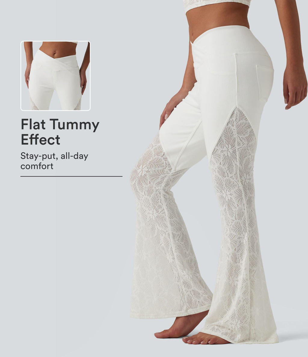 Halara Flex™ Jean évasé casual taille haute ventre plat croisé dentelle contrastée avec poches