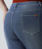 Jean décontracté Halara Flex™ grande taille, taille haute, multiples poches, jambes droites, effet délavé, en maille extensible