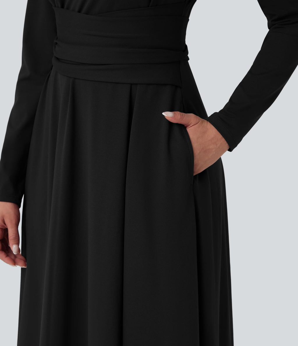 Robe de travail midi manches longues à découpes et dos noué avec poches