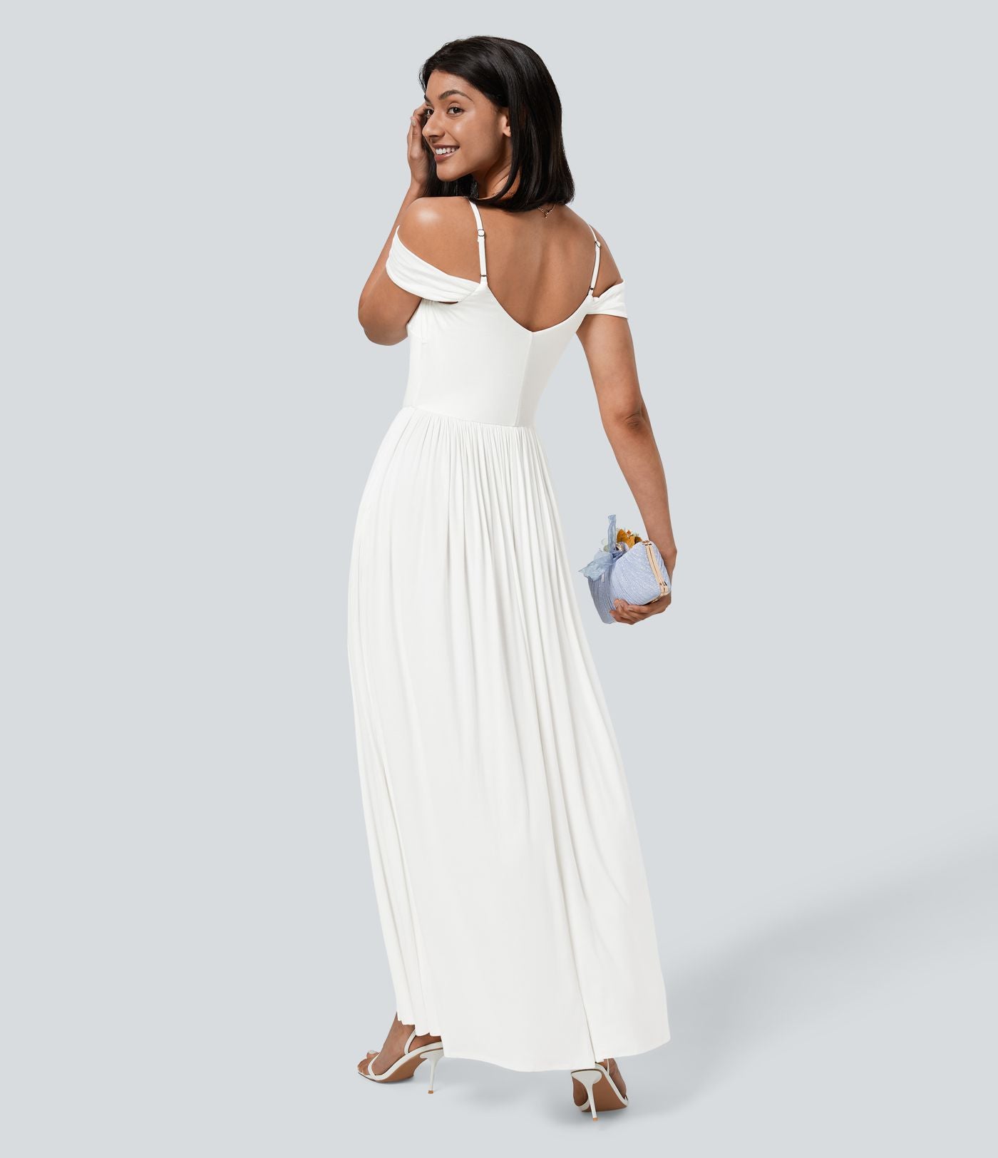 Robe Maxi Fluide Épaules Dénudées avec Poches Latérales Ourlet Fendu Tissu Côtelé Demoiselles d'Honneur et Invités de Mariage