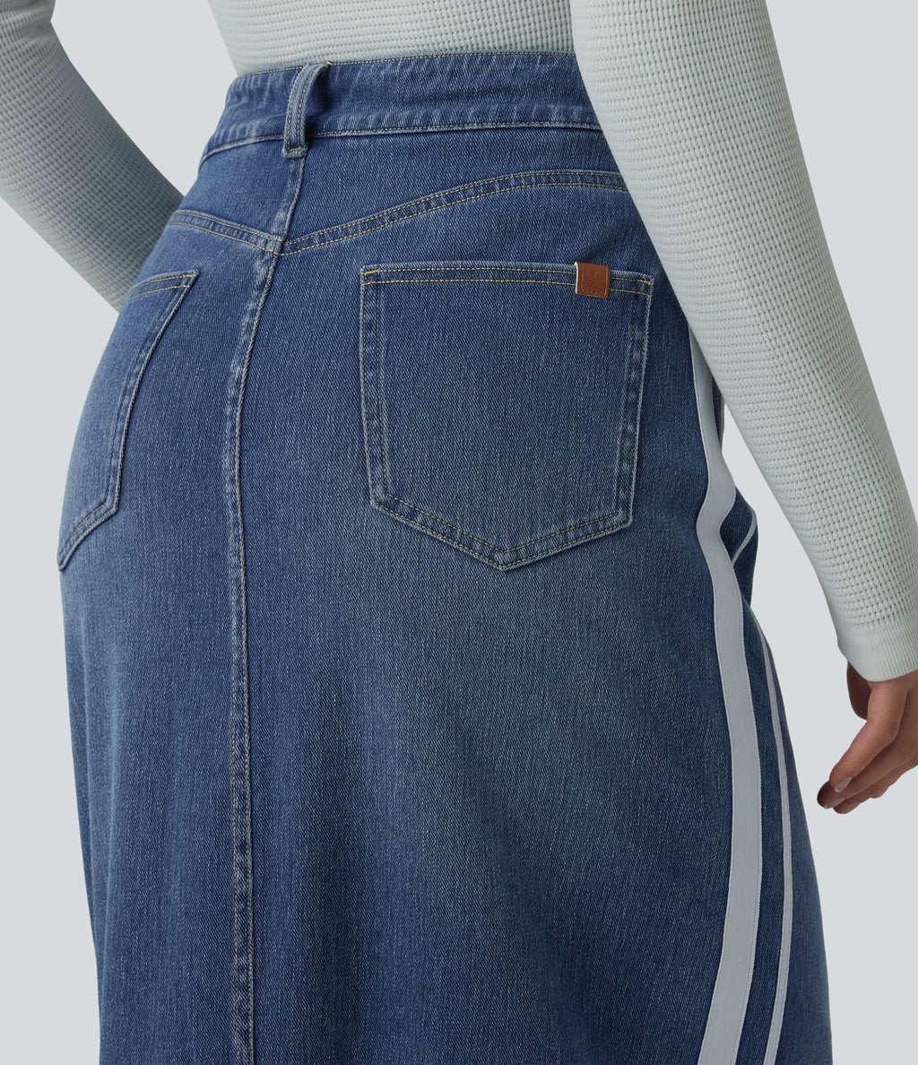 Jupe en jean longue décontractée délavée à rayures taille haute Halara Flex™ avec poches