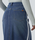 Jupe en jean longue décontractée délavée à rayures taille haute Halara Flex™ avec poches