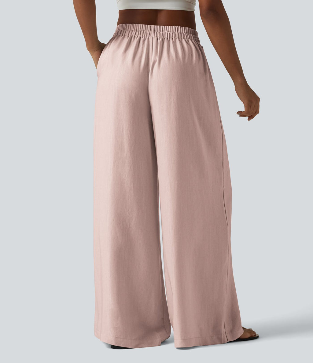 Pantalon large fluide taille haute en lin mélangé avec poches et liens latéraux