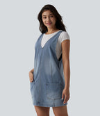 Robe mini décontractée Halara Flex™ col V en denim délavé avec poches