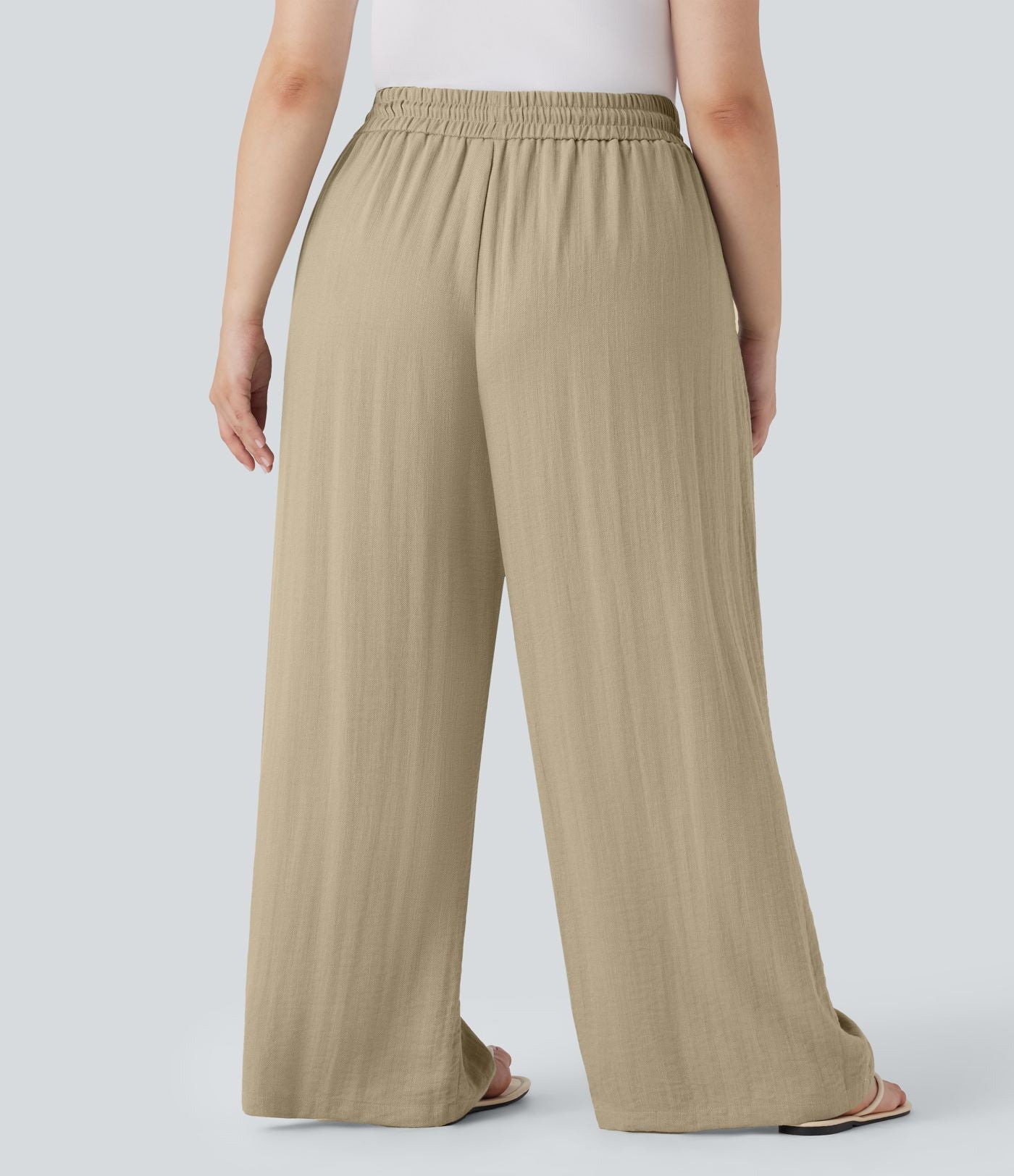 Pantalon décontracté grande taille large fluide taille haute effet lin avec cordon de serrage et poches