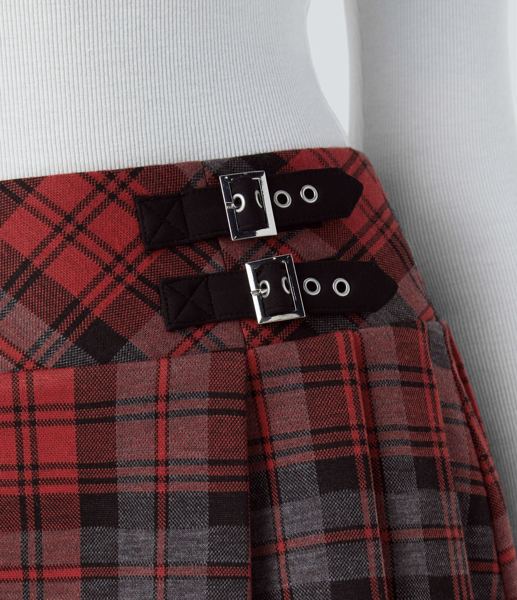 High Waisted de Decorative Buckle 2-in-1 Plaid Pleated Mini Casual Skirt
